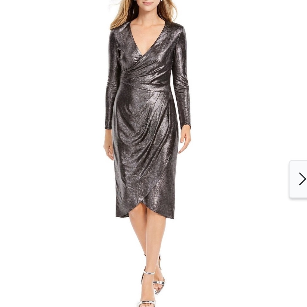 Adrianna Papell Shimmering Silver Long Sleeve Dress